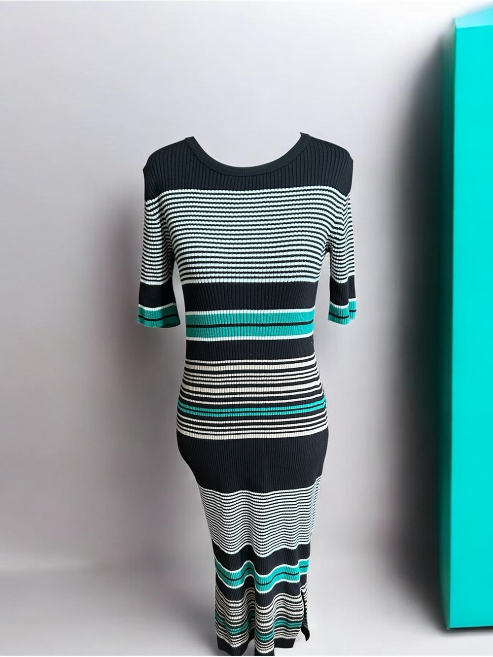 Nine West Black, White & Teal Striped Knit Midi Dress Large